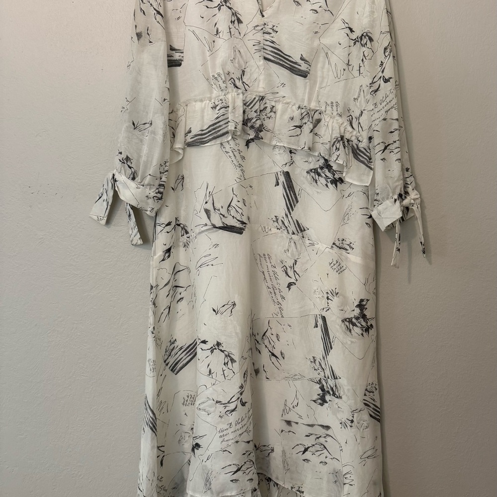 Black & White Art Print Midi Dress with Tie Sleeves